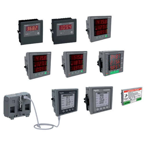 Schneider panel meters displaying electrical measurements and data.